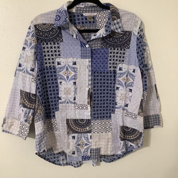 Blue Patchwork Western Cowboy Prairie Cottagecore Shabby Chic Button Up Shirt 14 - Picture 1 of 8